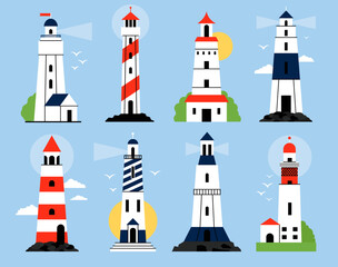 Flat cartoon lighthouse. Traditional lighthouses, clouds and birds flock isolated on blue background. Ocean safety symbols, coastline buildings decent vector set