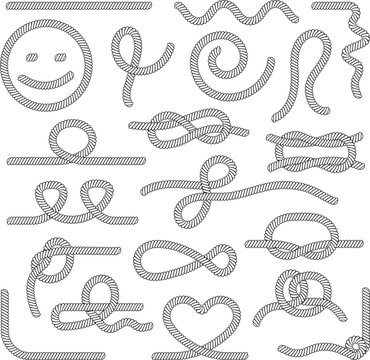 Marine ropes collection. Nautical rope and knots, sea or ocean adventures elements. Decorative brushes, abstract decent vector graphic borders