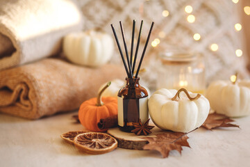Concept of cozy fall home atmosphere, aromatherapy. Perfume, appartment aroma diffuser with autumn scent of pumpkin spicy latte, cinnamon, anise. Room decor with pumpkins, dry orange, wool plaid