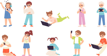 Kids with gadgets, playing and studying. Cartoon children using tablets, smartphones and laptops. Child digital addiction, snugly vector characters