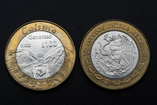 Moneda Mexicana de 100 pesos, Reverso del Volcán de colima, Generoso y Anverso escudo nacional mexicano