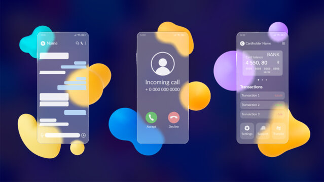 Matt Screen Phone Mockup. Glassmorphism Style Screens And Abstract 3d Shapes. Blurred Plastic Elements. Smartphone Chat Or Call, Online Bank Pithy Vector Set