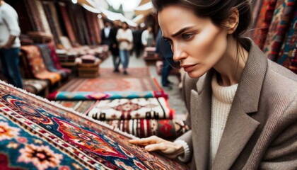 Close-up photo of a savvy Caucasian woman in a bustling outdoor market. She's deeply engrossed in bargaining for a vibrant, handwoven rug. - obrazy, fototapety, plakaty