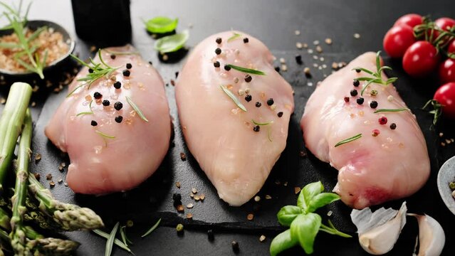 Raw chicken breasts. Chicken or turkey meat fillet, stock video 4k