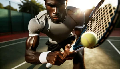 Fotobehang Close-up photo of a focused African man, clad in athletic gear, on a sunlit tennis court. © PixelPaletteArt