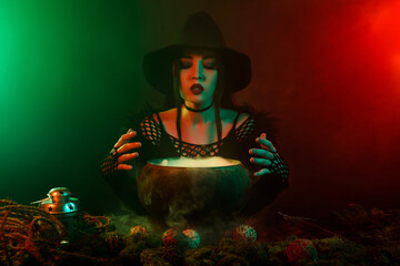 Photo of of powerful lady doing dark magic spell cooking potion look in future telling on neon...