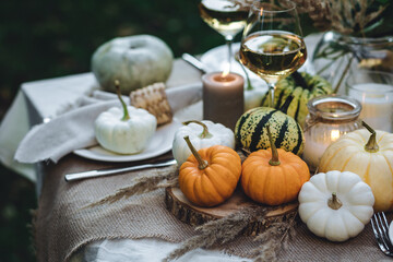 Autumn elegant beautiful table setting with pumpkins for a wedding or thanksgiving celebration. Fall decoration rustic style, cozy home atmosphere , candles, dry flowers