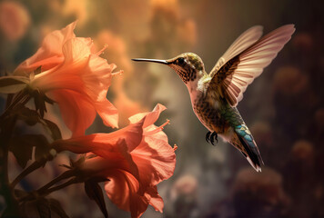 Fototapeta premium Scaly-breasted hummingbird feeding on flowers. Created with Generative AI