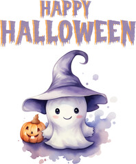 vector Happy Halloween cute ghost with pumpkin watercolor illustration