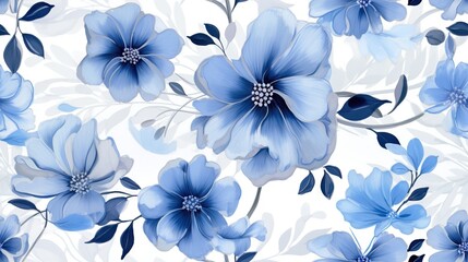  a blue and white floral pattern with leaves and flowers on a white background.  generative ai