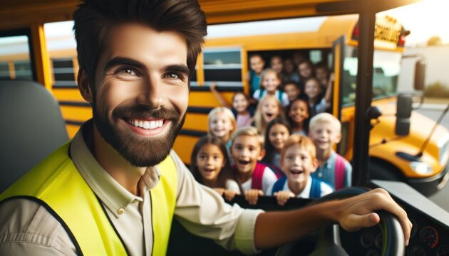 Close-up photo of a friendly Caucasian male driver, smiling warmly from the driver's seat of a bright yellow school bus.