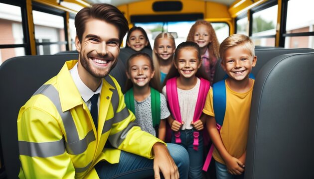 Photo of a welcoming European male driver, stationed in a bright yellow school bus, sharing a genuine smile with the children boarding.