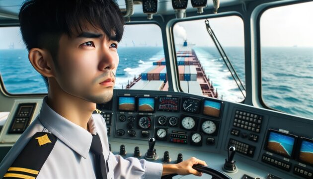 Photo capturing an attentive Asian sailor, eyes locked on the distant horizon, as he steers the large freight ship.