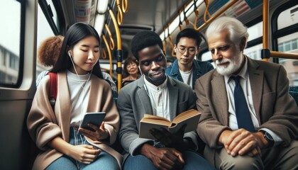 Close-up photo of a diverse group of commuters inside an urban bus.