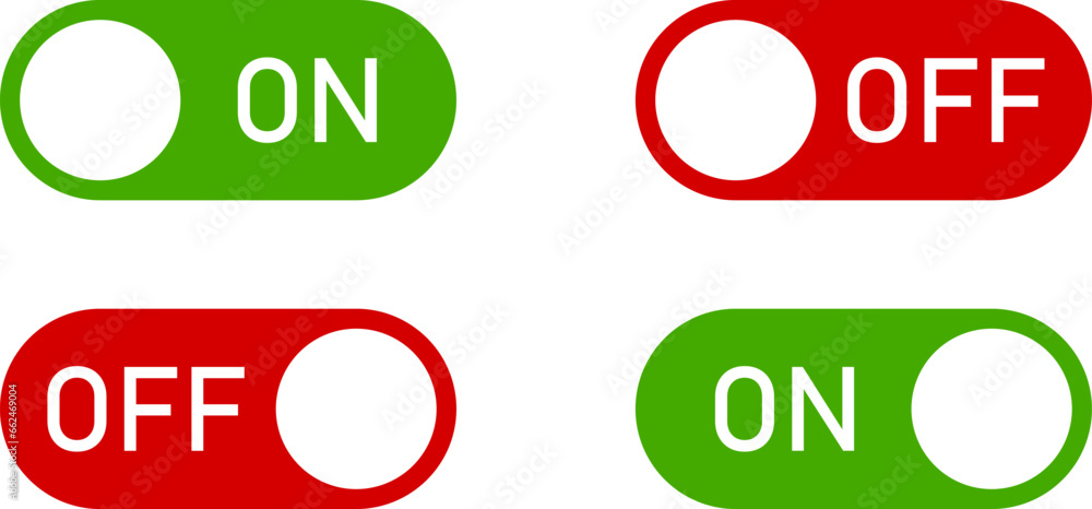 Poster on off switch button slider toggle green and red icon set. vector image.