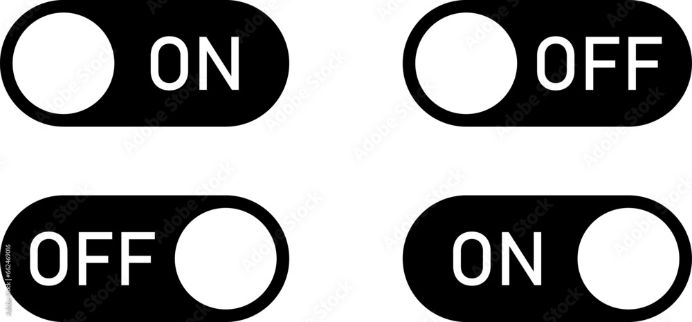 Poster on off switch button slider toggle black and white icon set. vector image.
