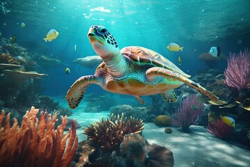 Turtle. Undersea world. A big beautiful turtle swims in the depths of the ocean