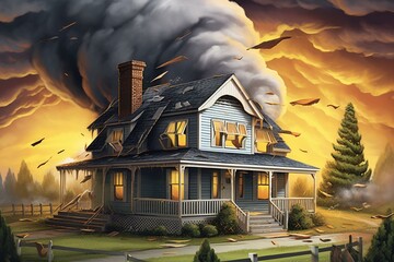 Illustration of a house amidst a tornado with a severe weather warning banner. Generative AI - obrazy, fototapety, plakaty