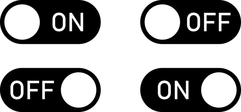 On Off Switch Button Slider Toggle Black and White Icon Set. Vector Image.