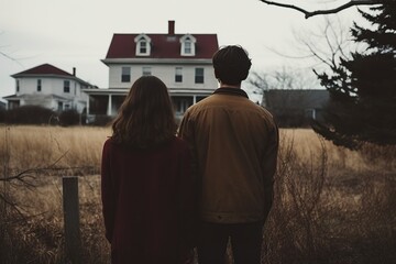 couple of lovers standing in front of a house
