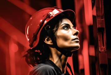 Woman in hard hat looking up at the camera, AI