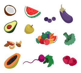 Set of Ripe Fresh Fruits and Vegetables. Coconut, Watermelon, Blueberries and Eggplant. Avocado, Apple, Broccoli, Nuts