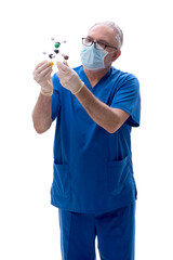 Old male doctor holding molecular model