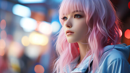 cool young girl with pink hair on a futuristic train station