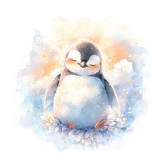 Obraz premium Watercolor cute little penguin isolated on white background. Cartoon polar animal. Baby shower card. Illustration for greeting card, kids birthday, invitation, poster or banner