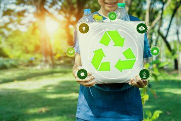 Green recycle symbol for environmental sustainability and natural protection awareness campaign...