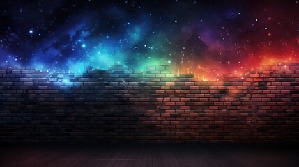  a room with a brick wall and a colorful galaxy in the background.  generative ai