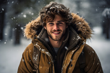 Winter Wonder, Stylish Young Man Embracing Joy in Snowy Forest