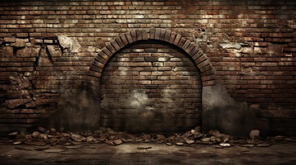 a brick wall with an arched doorway in the middle of it.  generative ai