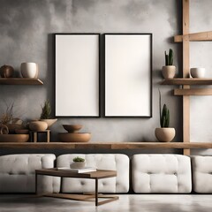 A Canvas Frame for a mockup floating against a backdrop of raw concrete walls in a modern living room, juxtaposed by the warmth of wooden shelves filled with curated decor