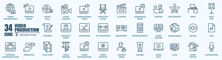 Simple Set of Video Production Related Vector Line Icons. It contains thin Icons such as cameras, play, pause, media, online video, live, production, and more. Editable Stroke. 48x48 Pixel Perfect