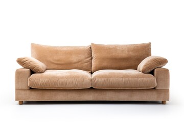 Minimalist Marvel Studio shot of a sand beige sofa on a carpet isolated on white background