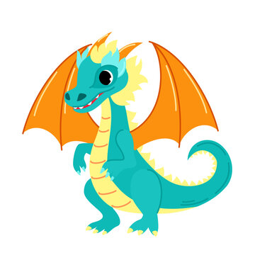 Cute green dragon. Child dragon persona. Cartoon modern style vector illustration.