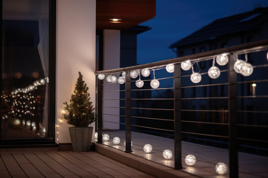 Festive balcony decoration for Christmas and New Year. Close up of Christmas decoration balls and garland of lights wrapped around balcony railing in modern residential apartment building