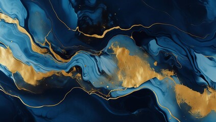 Abstract Blue and Yellow Painting - Flowing Lines in Dark White and Gold