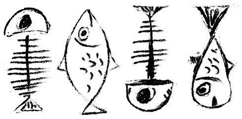 Set fish and bone doodle, pattern symbol isolated on white