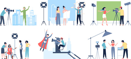 Movie shooting process. Filmmaking team and actors. Film production process, actress on camera and angry director