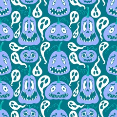 Cartoon retro vegetable harvest seamless Halloween pumpkins pattern for wrapping paper and fabrics and linens