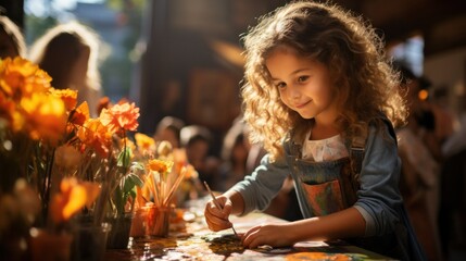A group of children concentrating intently, brushes in hand, creating colorful paintings on a sunny afternoon.