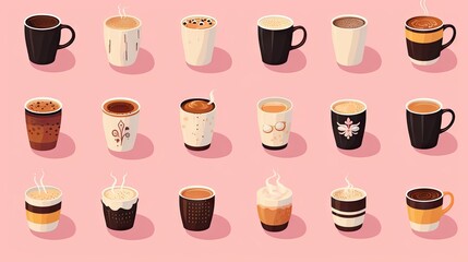  a bunch of different types of coffee cups on a pink background.  generative ai