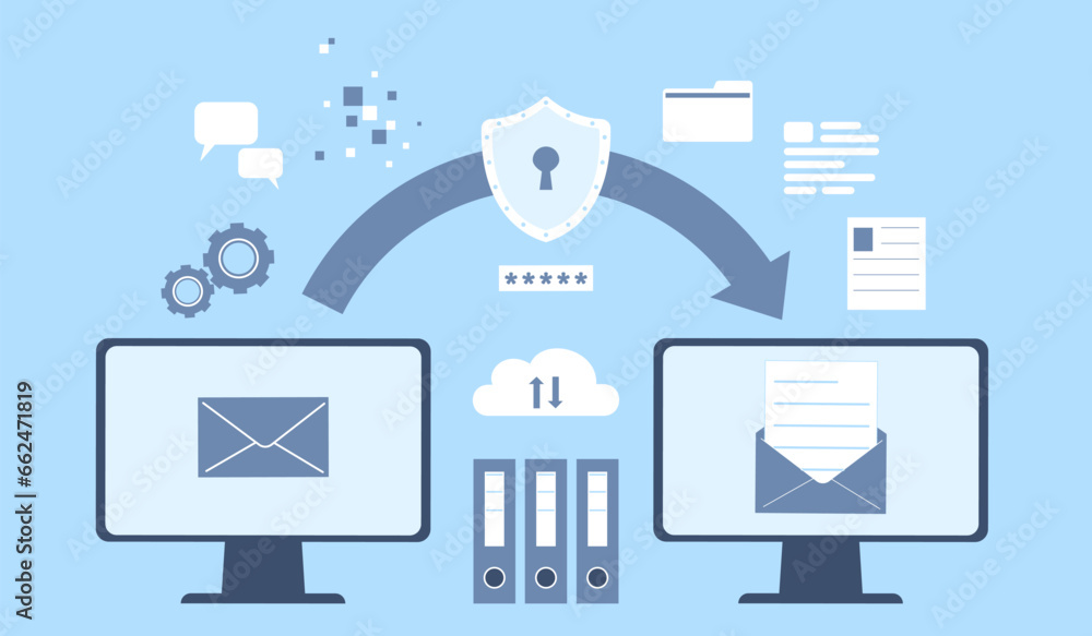 Poster data protection, safety in internet. mail and personal data safe, digital security service. cloud wo
