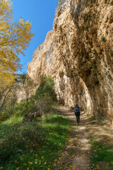 Fototapeta na wymiar The beautiful path with hiker besides rock formation of the Hoces del Duraton natural park near Sepulveda, Segovia, Spain