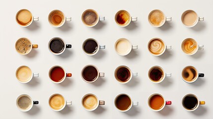  a bunch of cups of different types of coffee on a table.  generative ai