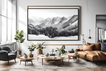 An elevated view highlighting a Canvas Frame for a mockup in a modern living room, with the intricate design