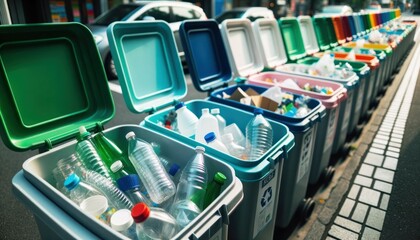Close-up photo of colorful bins lined up on a city sidewalk, each holding specific recyclables.