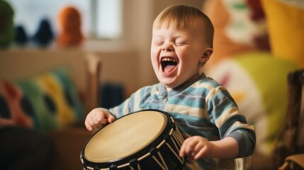 A boy with Down Syndrome joyfully playing a tambourine - Powered by Adobe